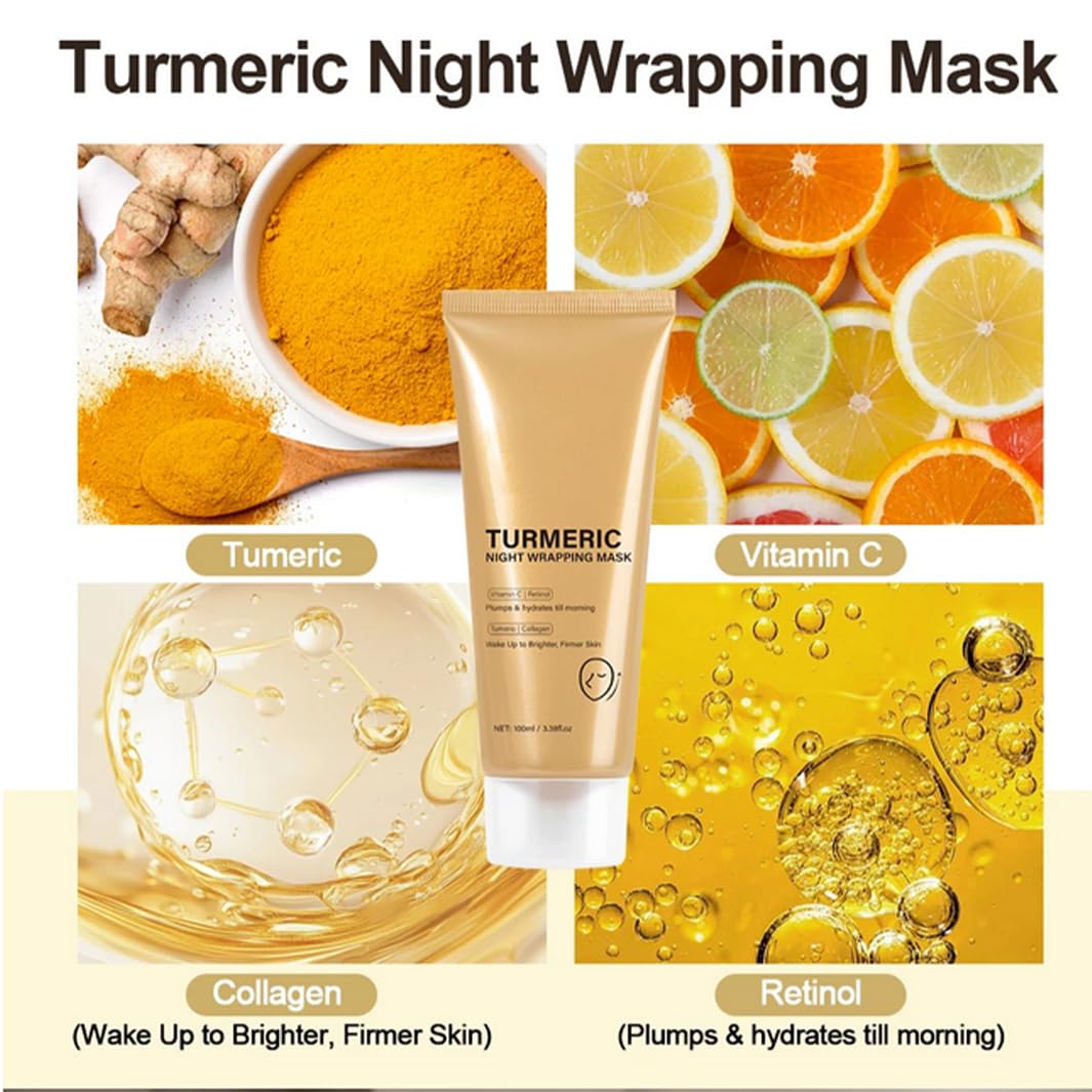 Mori Kamei C-ollagen Face M-ask,Collagen Night Wrapping Mask,Turmeric Face Mask,Turmeric Collagen Overnight Mask with Kojic Acid & Brush,Brightening Peel Off Mask for Glowing Skin, Fade Dark Spots