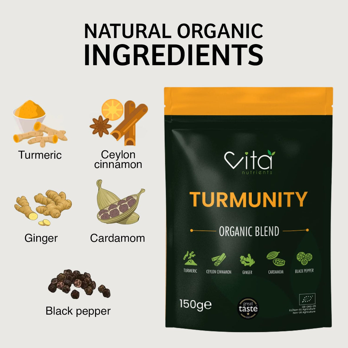 Vita Nutrients Turmunity Superfood Powder Blend 150g - Premium Organic Food - Vegan & Gluten Free - Rich Ayurveda, Turmeric, Black Pepper and More Formula - Ideal Latte Mix - Made in The UK