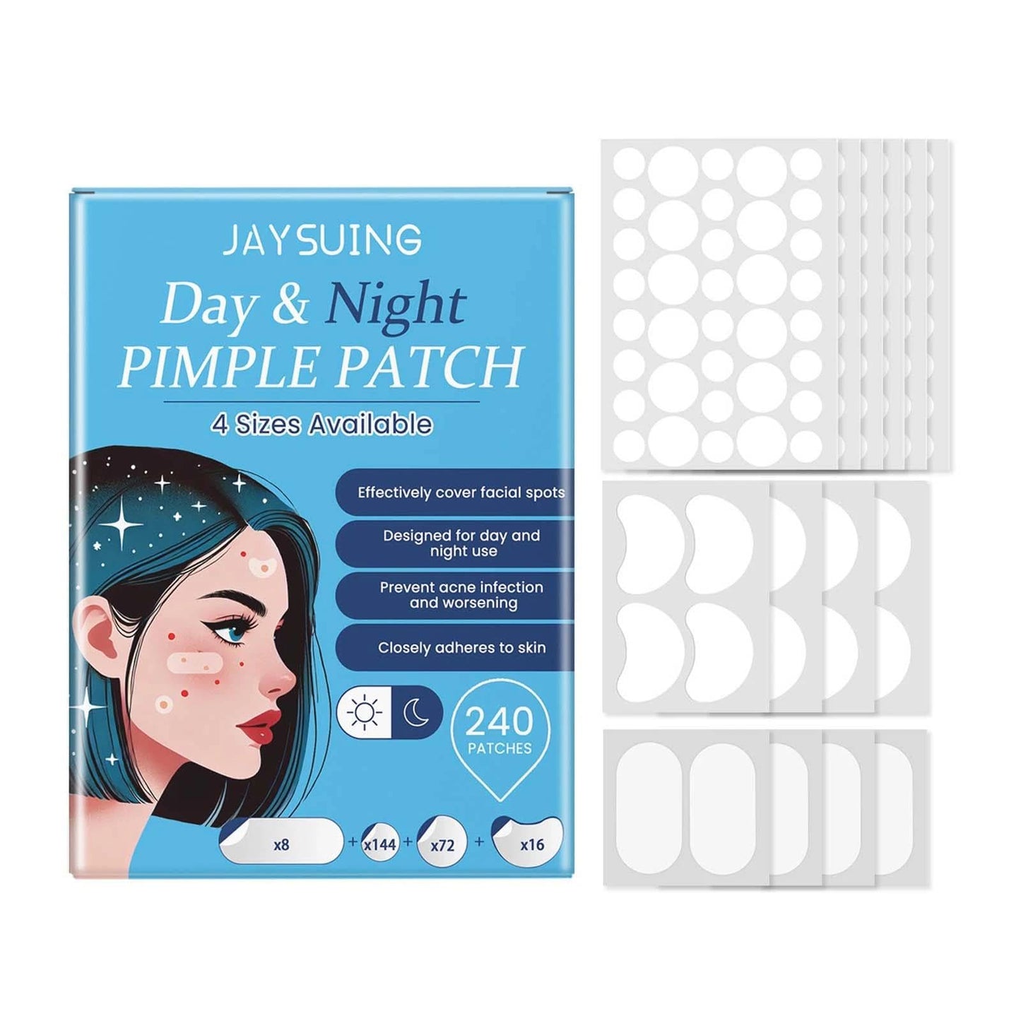 EveBeaty 240 Pcs Large Hydrocolloid Acne Patches with Tea Tree Oil, 4 Sizes & Shapes for Face, Large Pimple Patches, Chin, Body & Nose | Fleck Spot Treatment Stickers