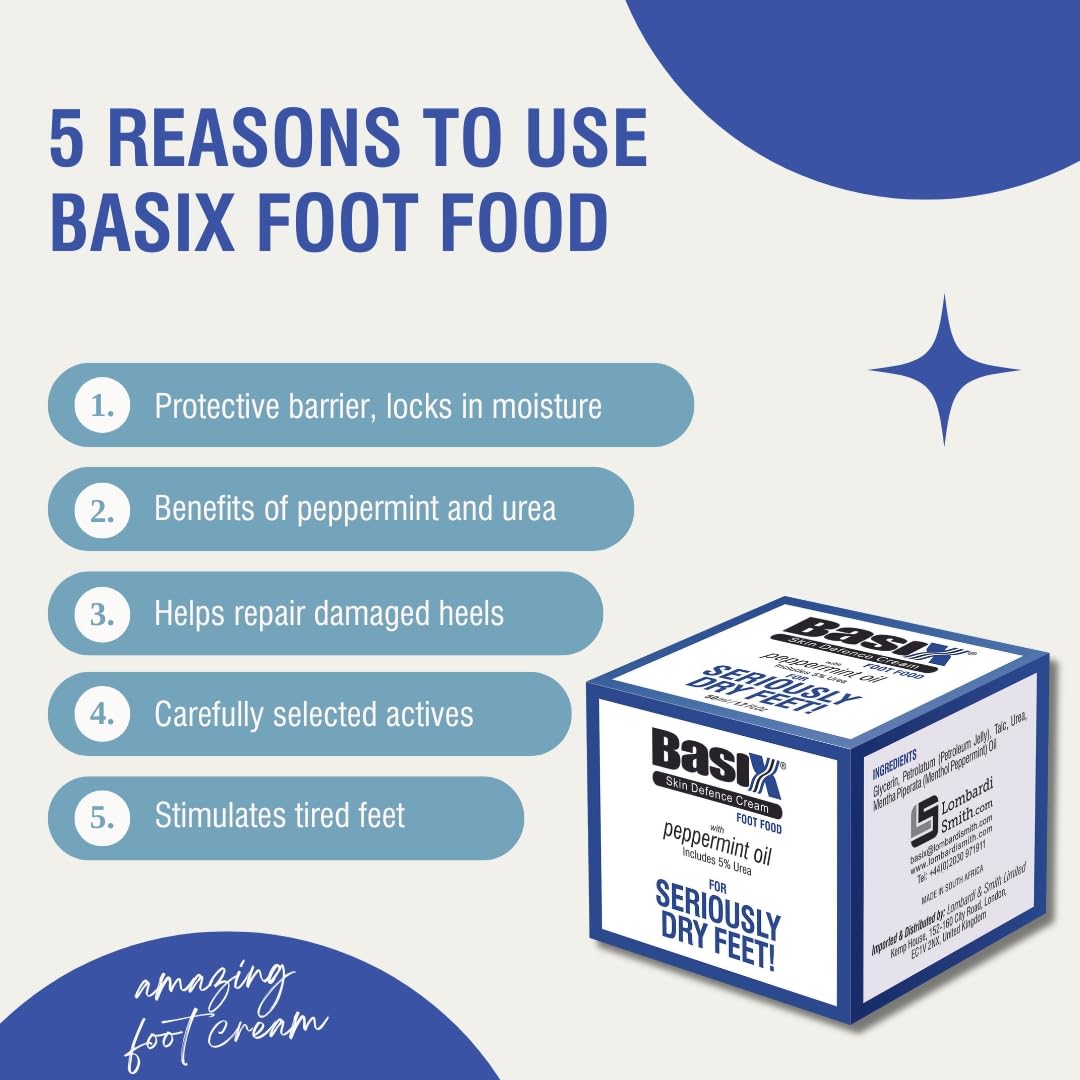 Basix Skin Defence Cream Foot Food [TWIN PACK 2x50ml] Foot Repair Restoration Balm for Dry Feet and Cracked Heels - 5% Urea Peppermint Oil Soothes, Moisturises, Stimulates and Invigorates Tired Feet