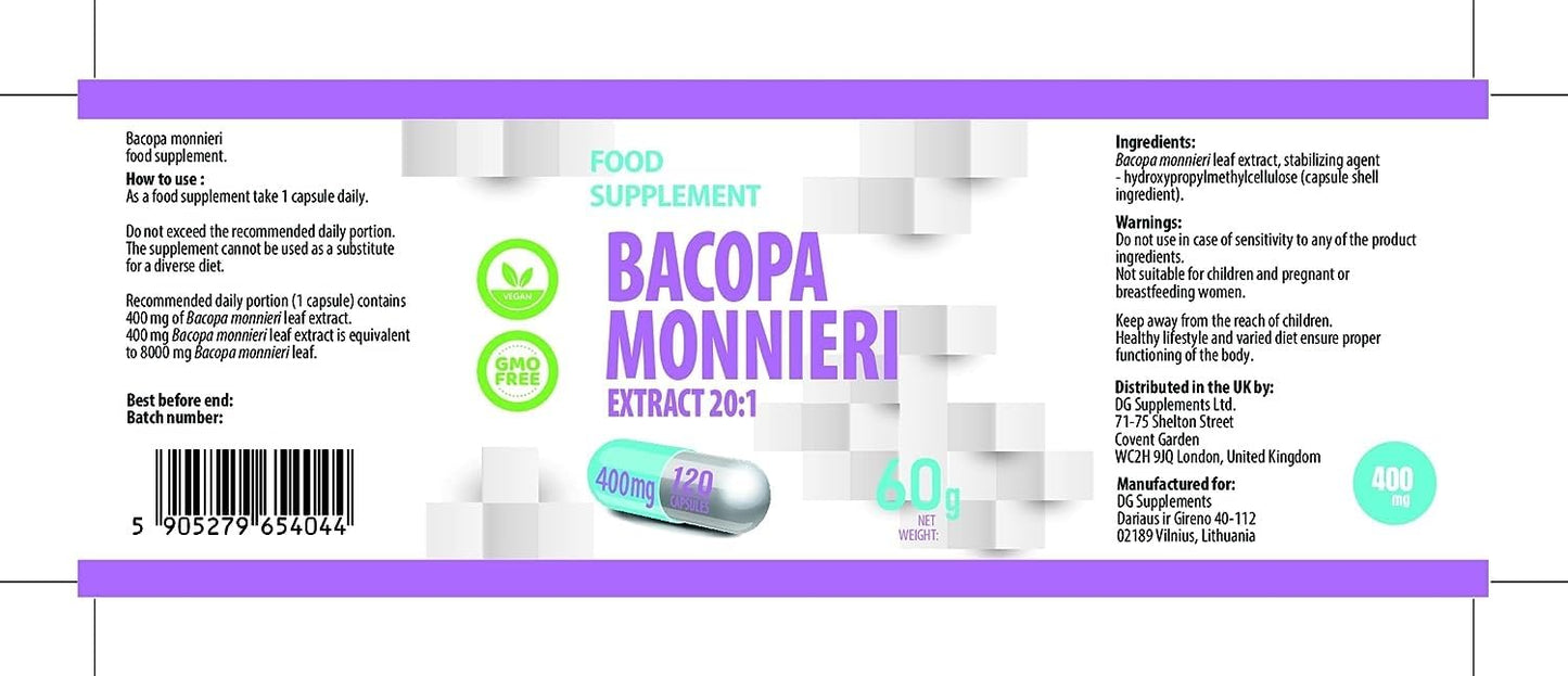 Hepatica Bacopa Monnieri (Brahmi) 8,000mg Equivalent | 400mg 20:1 Leaf Extract | 120 Vegan Capsules | Ayurvedic Herb | 3rd Party Lab Tested
