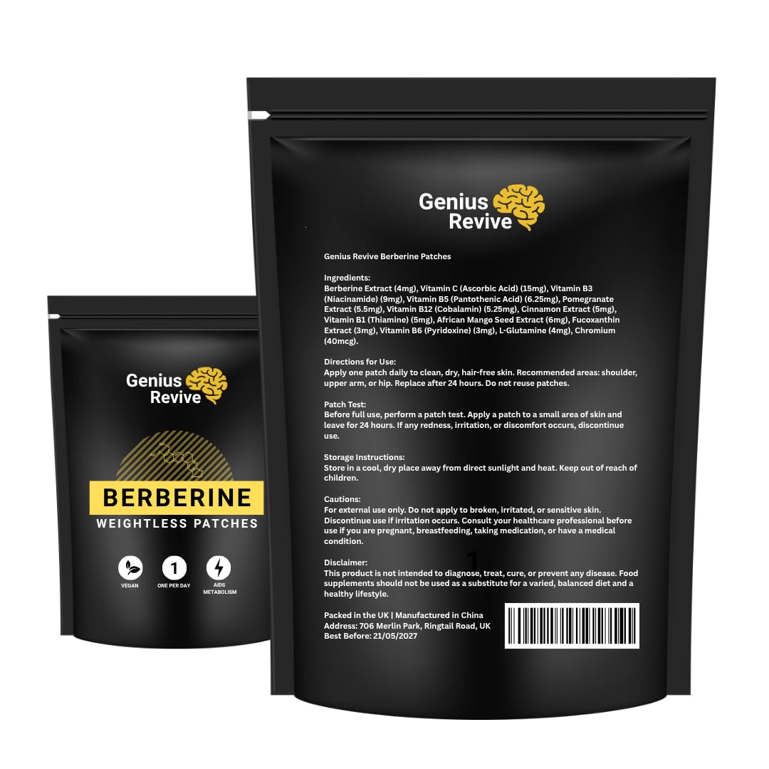 GeniusRevive | Berberine Weightless Patches | Natural Shape & Energy Support | Plant-Powered Blend with Berberine, Vitamins B1-B12, Chromium & Botanicals | 30 Vegan Patches | 1 Month Supply