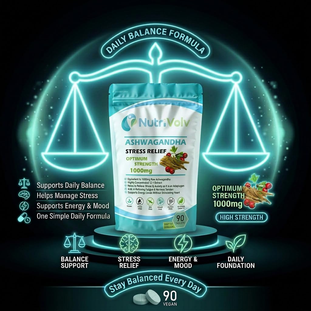 NutriVolv Ashwagandha 1000mg – 90 Vegan Tablets | High Strength Extract | Adaptogen for Stress, Anxiety & Fatigue Relief | Supports Energy, Focus, Mood, Sleep & Hormonal Balance | Ayurvedic Supplement