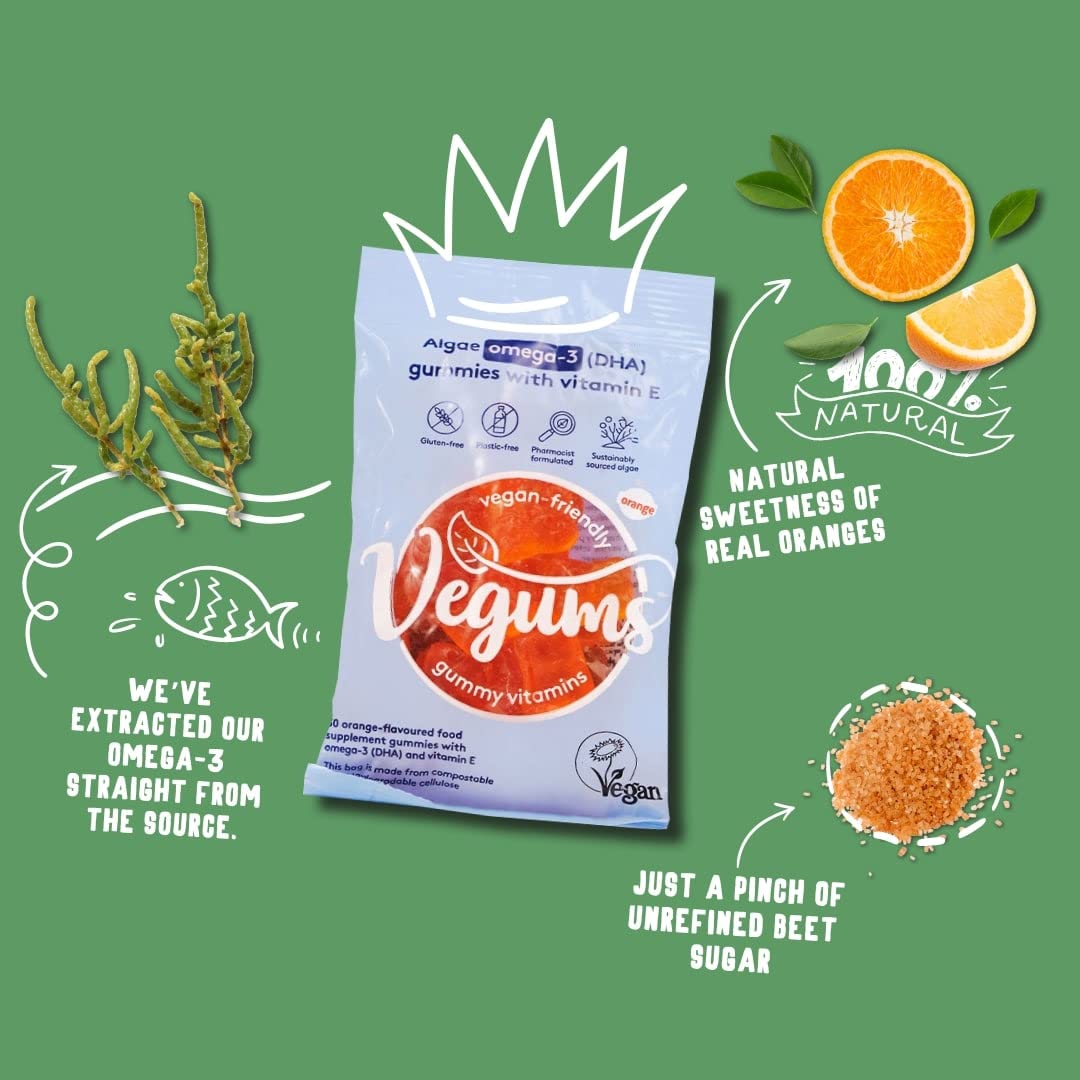 Vegums Fish-Free Omega-3 for Kids and Adults | 30 Orange-Flavoured Food Supplement Gummies with Omega-3 (DHA) Sourced from Marine Algae & Vitamin E | Suitable for Vegans and Vegetarians