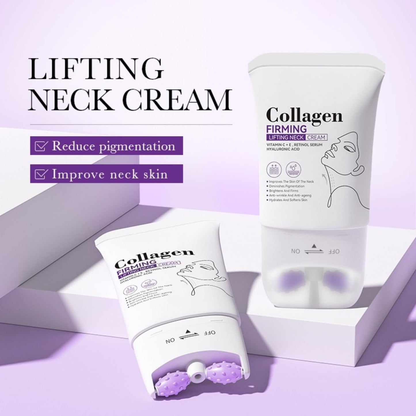 Collagen Firming Neck Cream Roller - Tighten and Lift Neck Cream - Anti Wrinkle & Aging Neck Moisturizer with Double Roller Massage - Fine Lines,Lift Sagging Skin and Reduce Double Chin