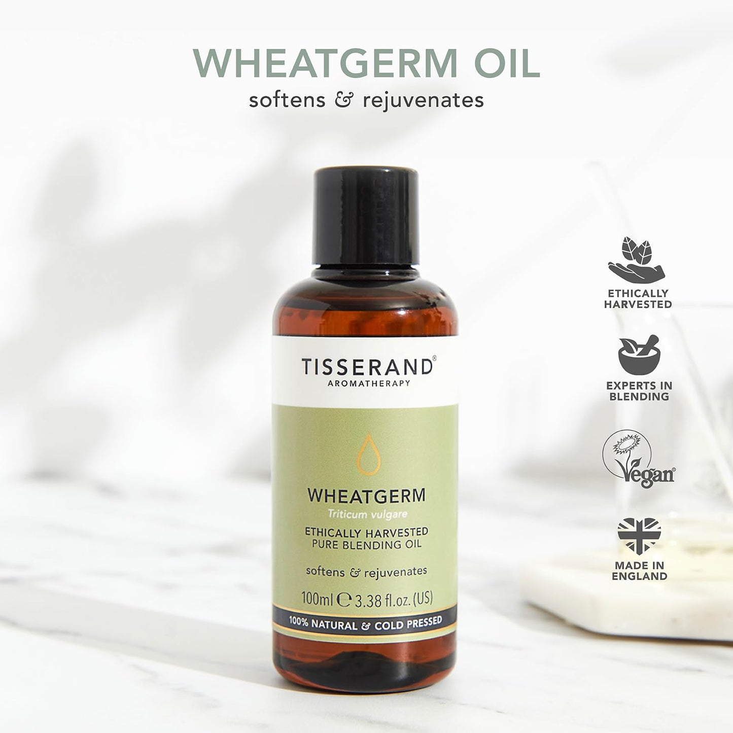 Tisserand - Wheatgerm Carrier Oil - Ethically Harvested Pure Blending Oil - for Aromatherapy and Body Massage - 100 ml