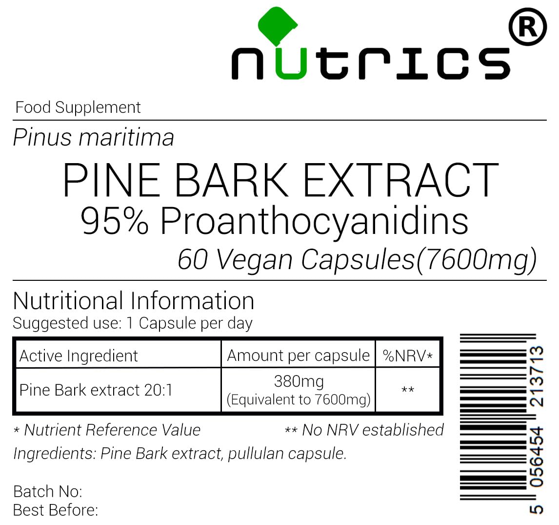 Nutrics® 7600mg French Maritime Pine BARK Extract 95% Proanthocyanidins 100% Pure 60 V Capsules (2 Month Supply) - Suitable for Vegan Vegetarian Halal Kosher (60)