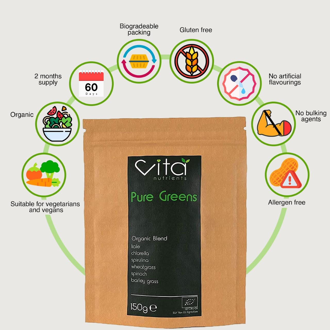 Vita Nutrients Pure Greens Superfood Powder 150g - Premium Organic Blend of 6 Plant Based Super Greens - Vegan & Gluten Free - Vitamin Fibre & Mineral Rich Formula - Made in The UK