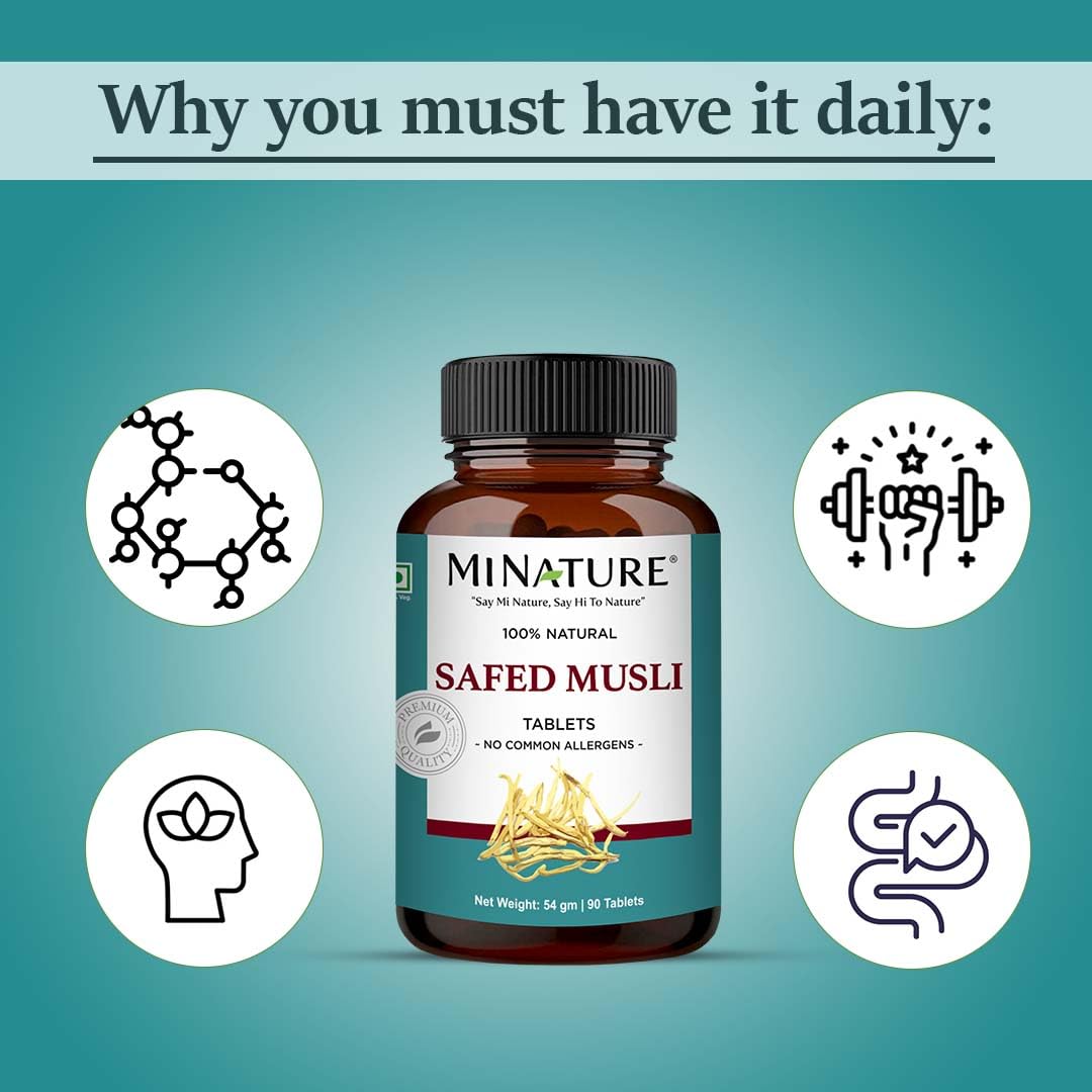 Safed Musli Tablets by mi Nature| | Pure & Natural herb | Free from Chemical & Preservative| Plant Based Gluten Free |90 Tablet, 45 Days Supply 1000mg