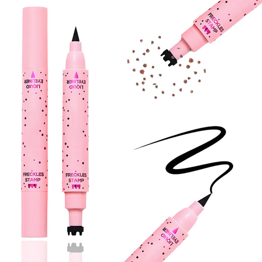 NoraGlaze 2 in 1 Eyeliner & Freckle Pen – Light Brown Freckle Stamp & Black Liquid Eyeliner – Waterproof, Long-Lasting Formula for Natural, Lifelike Makeup Suitable for Fair Complexions (Type A-Medium)