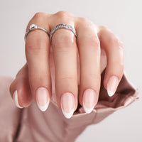 BTArtbox Press on Nails - Short Almond French Tip False Nails with Glue, 32Pcs Soft Gel Fake Nail in 16 Sizes, Reusable Semi-Transparent Stick on Nails for Women, White French