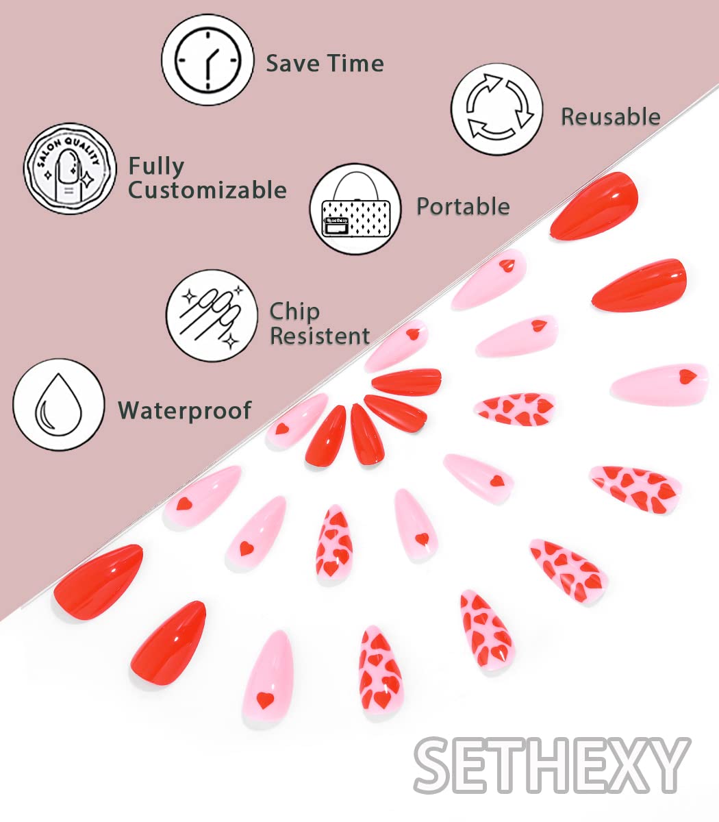 Sethexy Valentine's Day Almond False Nails Love Heart Stiletto Stick on Nails Pink Fake Nails 24Pcs Acrylic Art Press on Nails for Women and Girls