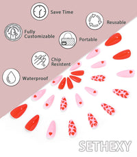 Sethexy Valentine's Day Almond False Nails Love Heart Stiletto Stick on Nails Pink Fake Nails 24Pcs Acrylic Art Press on Nails for Women and Girls