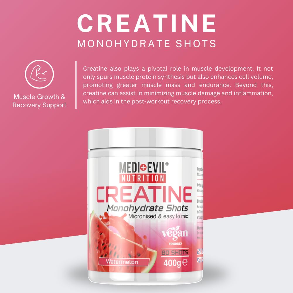 Medi-Evil Nutrition Creatine Monohydrate Powder, Watermelon Flavour, 400g, Micronised for Easy Mixing, Increases Physical Performance
