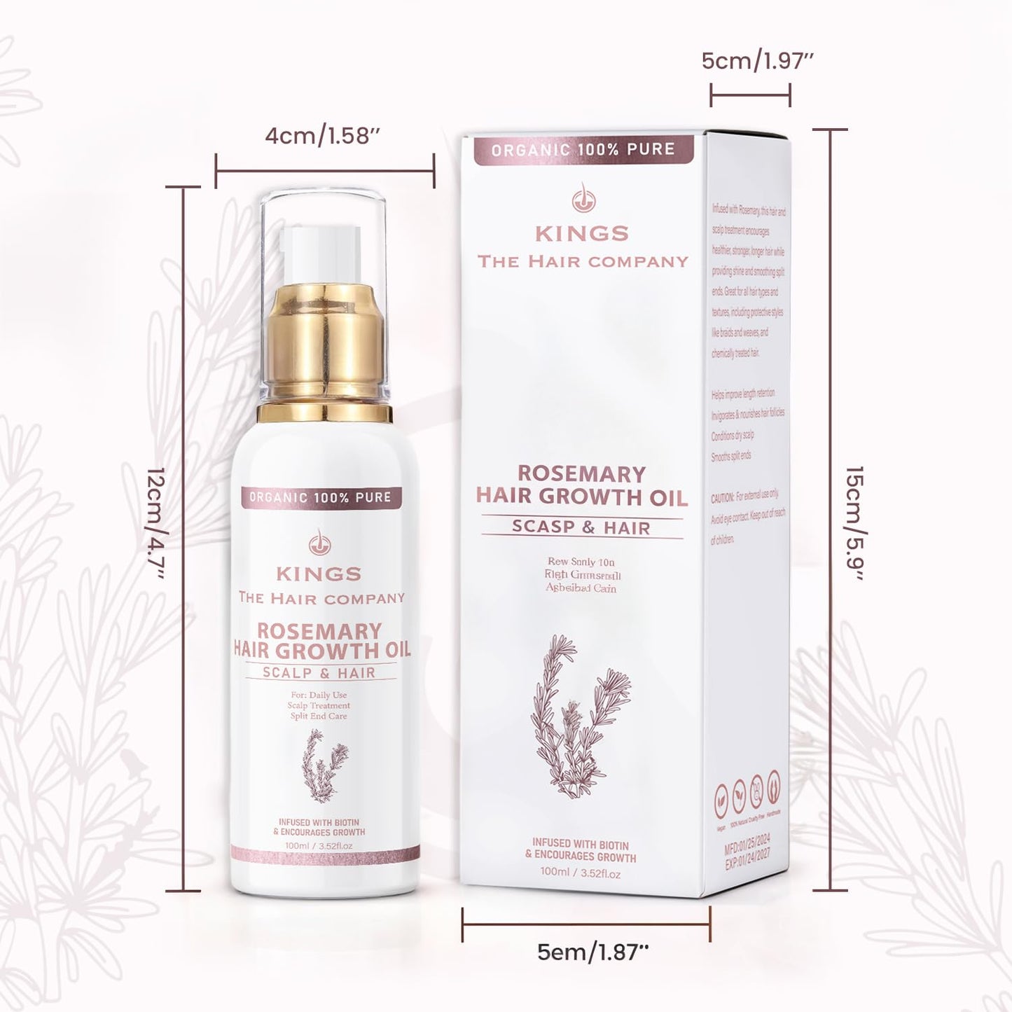 Kings 100% Natural Rosemary Oil for Hair Growth with Biotin - Promotes Hair Growth & Prevents Hair Loss, Organic Rosemary Hair Oil to Treat Dry Damaged Hair for Men & Women | 100 ml