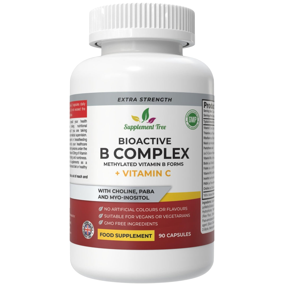Supplement Tree Bioactive B Complex with Vitamin C – Methylated B12, Folate (5-MTHF), B6 P5P, PABA, Choline, Inositol – High Strength, 90 Vegan Capsules – Non-GMO