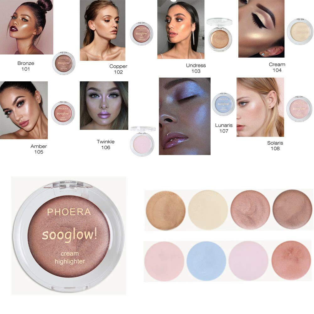 Phoera PHOERA SooGlow Cream Highlighter Long Lasting Waterproof Shimmer Blushers For Cheeks Make Up, Face Foundation Powder Contour Palette Skin Brightening Makeup aquapurity (108 SOLARIS, One Size)