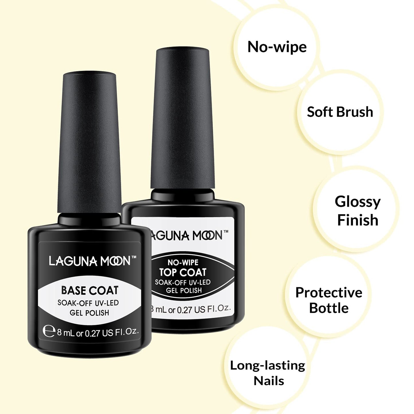 Lagunamoon LagunaMoon Gel Nail Polish Base Coat and No Wipe Top Coat Gel Polish Set Soak Off UV LED Nail Varnish Lacquer Manicure Set 2 × 8ml
