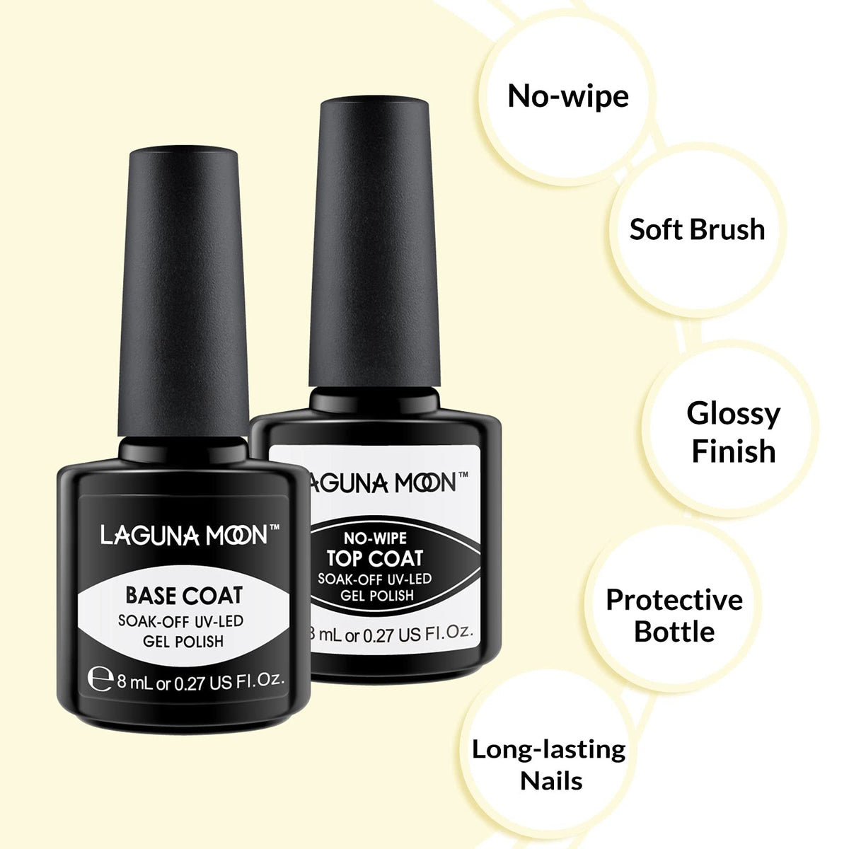Lagunamoon LagunaMoon Gel Nail Polish Base Coat and No Wipe Top Coat Gel Polish Set Soak Off UV LED Nail Varnish Lacquer Manicure Set 2 × 8ml