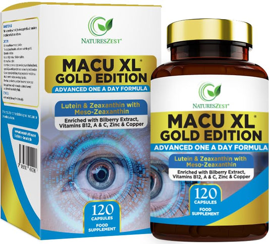 Natures Zest Macu XL Gold Edition - Eye Health Supplement with Lutein, Zeaxanthin and Meso-zeaxanthin, and Essential Vitamins & Minerals, 120 Capsules, 4 Month Supply - Supplement for Vision Health
