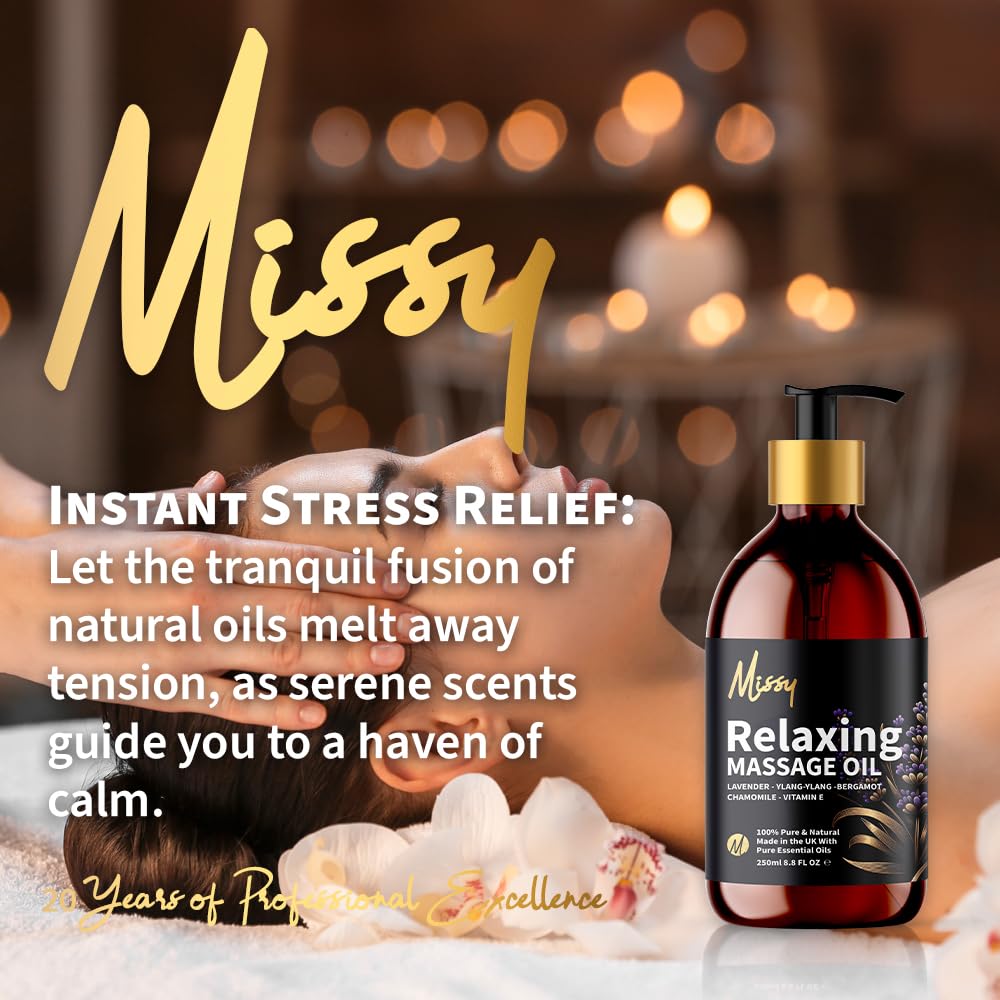 Just Missy Relaxing Massage Oil by Missy - Luxurious Soothing Blend Massage Oil for Date Night with Lavender, Chamomile, Ylang Ylang & Bergamot, Enriched with Vitamin E, Lightweight Grapeseed Oil Base