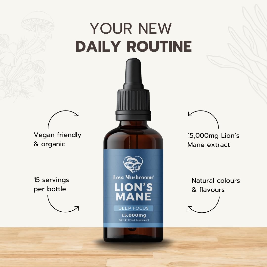 Love Mushrooms Lions Mane Mushroom Supplement, 15,000mg Tincture 30ml, Liquid Drops to Support Focus & Memory, Vegan, Made in The UK