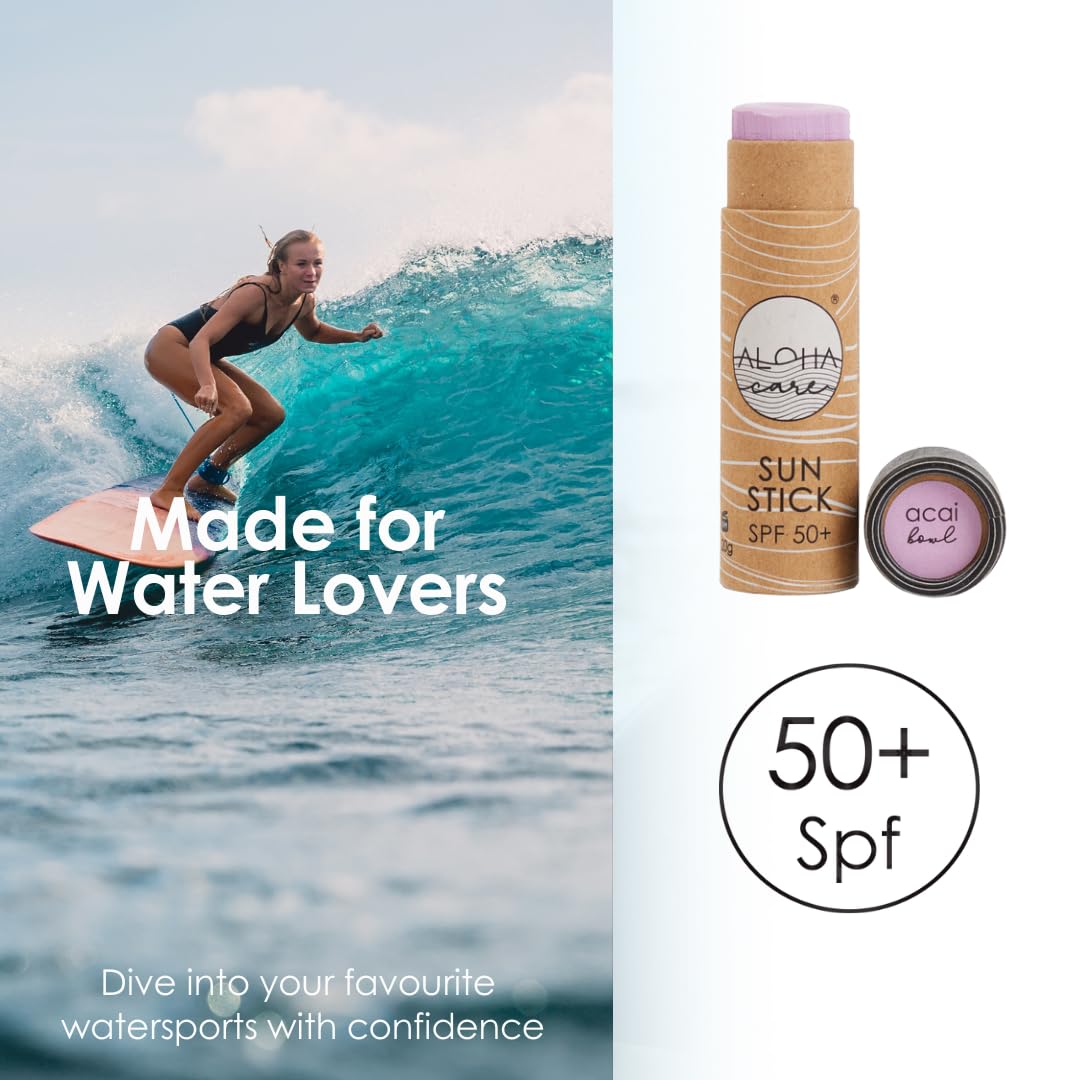 Aloha Care Aloha Sun Stick SPF 50+ | Sunblock Stick for Face | Sunscreen for Surfing | Great Sun Cream for Kids & Outdoor Sports Sunscreen | Plastic Free Packaging 20g | Made in Europe (Purple)