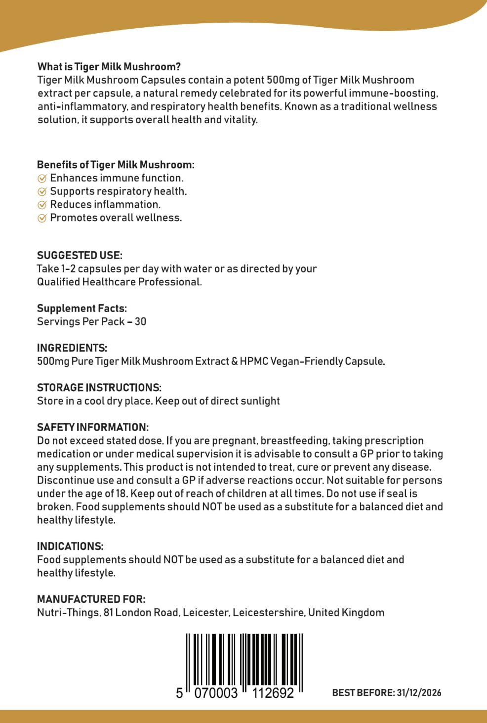 Nutri-things Tiger Milk Mushroom Capsules | Pure 500mg Extract for Immune & Respiratory Support | Vegan-Friendly HPMC | Anti-Inflammatory Benefits | Enhances Lung Health | 60 Count Resealable Pack