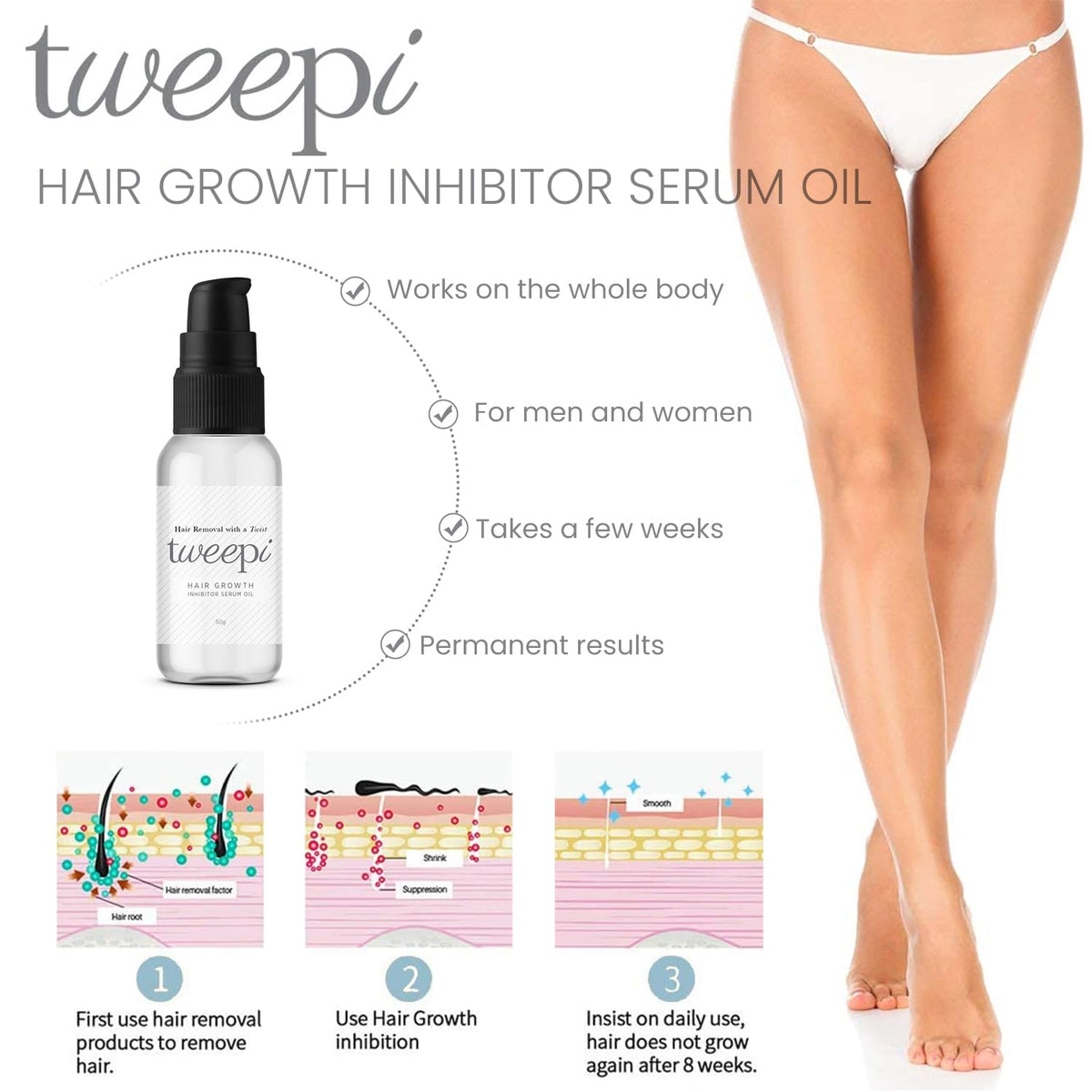 Tweepi Hair Growth Inhibitor Serum Oil- Permanent Body & Face Hair Removal- Modern Day Ant Egg Oil- Paraben Free- MADE IN UK- 50G