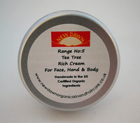 New Dawn Organic Natural Tea Tree Rich Cream/Moisturiser for Dry skin - Range No.5 - Made with Coconut, Rosehip and Starflower Oil (75ml)