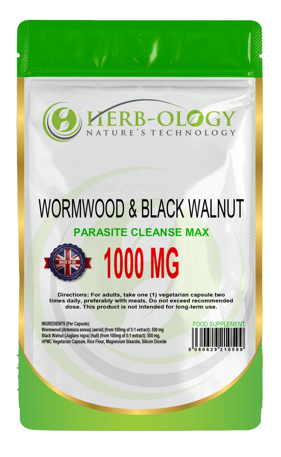 Herb-ology.co.uk Nature's Technology HB Wormwood | 120 Wormwood Black Walnut Capsules - 500mg Wormwood Herb & 500mg Black Walnut per Serving | High Strength Wormwood Capsules | Non-GMO, Gluten & Allergen Free | Made in The UK