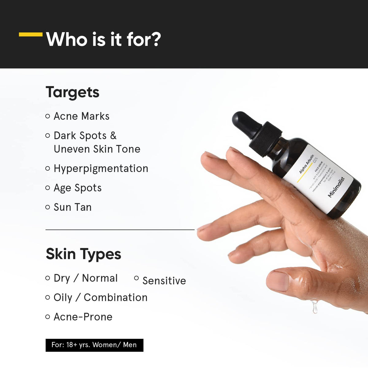 Minimalist 2% Alpha Arbutin Serum for Pigmentation & Dark Spots Removal | Antipigmentation Face Serum For Men & Women with Hyaluronic Acid to Remove Blemishes, Acne Marks & Tanning, Transparent, 30 ml