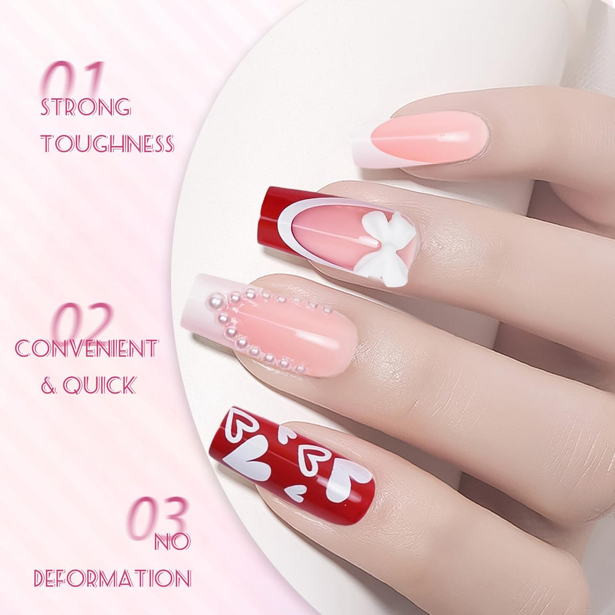 Generic 24PCS Heart & Bow French Tip Press on Nails – Long Square Full Cover Reusable False Nails with Glue – Cute Stick on Nail Set for Women and Girls
