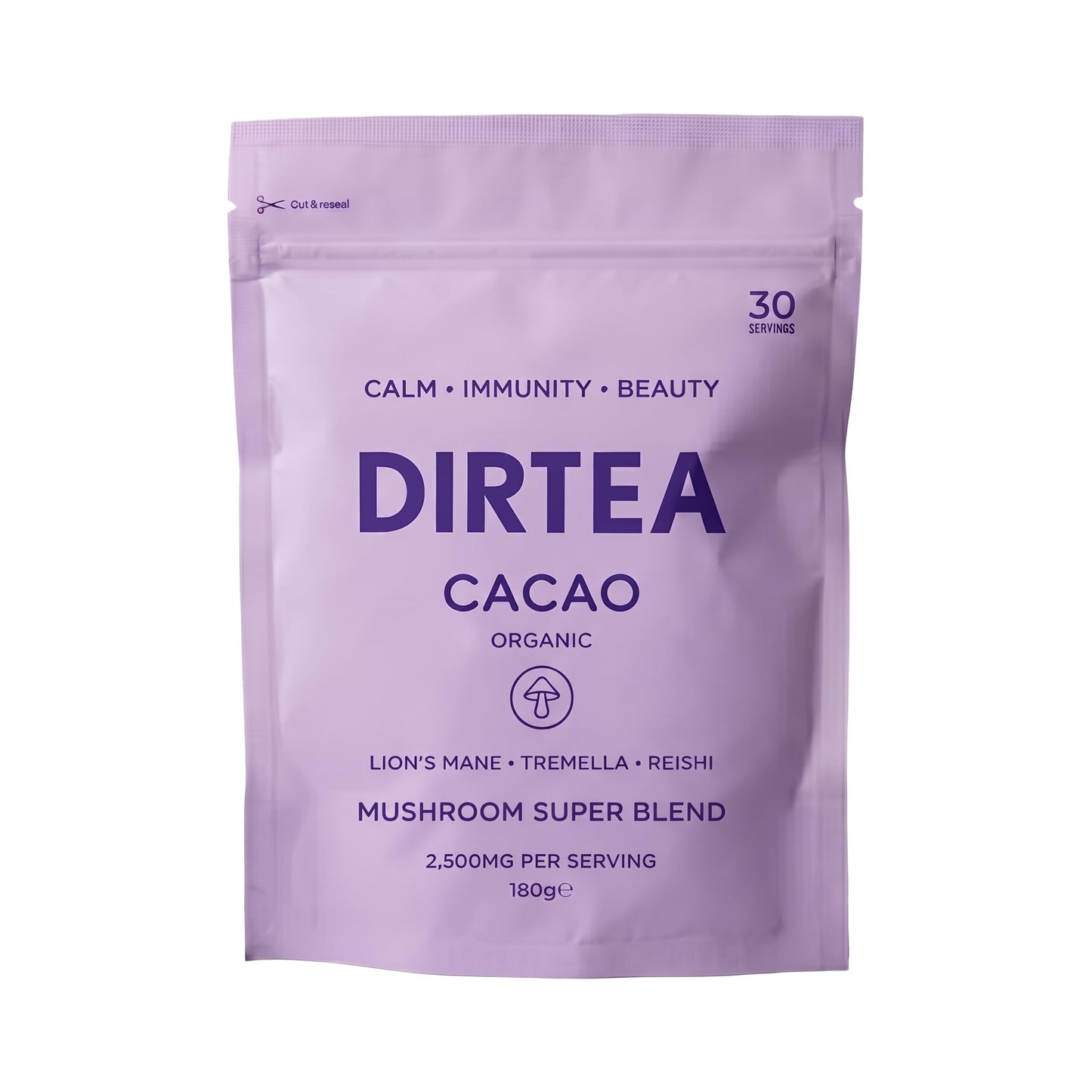 DIRTEA Cacao with Organic Lion's Mane - 100% Organic Cacao with MCT & Moringa, Reishi & Tremella - 2,500mg per Serving - Vegan & Non GMO - 180g - 30 Servings