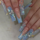Maggidea Square False Nails, Blue Acrylic Nails, 24pcs Extra Long Butterfly Nails with Glue