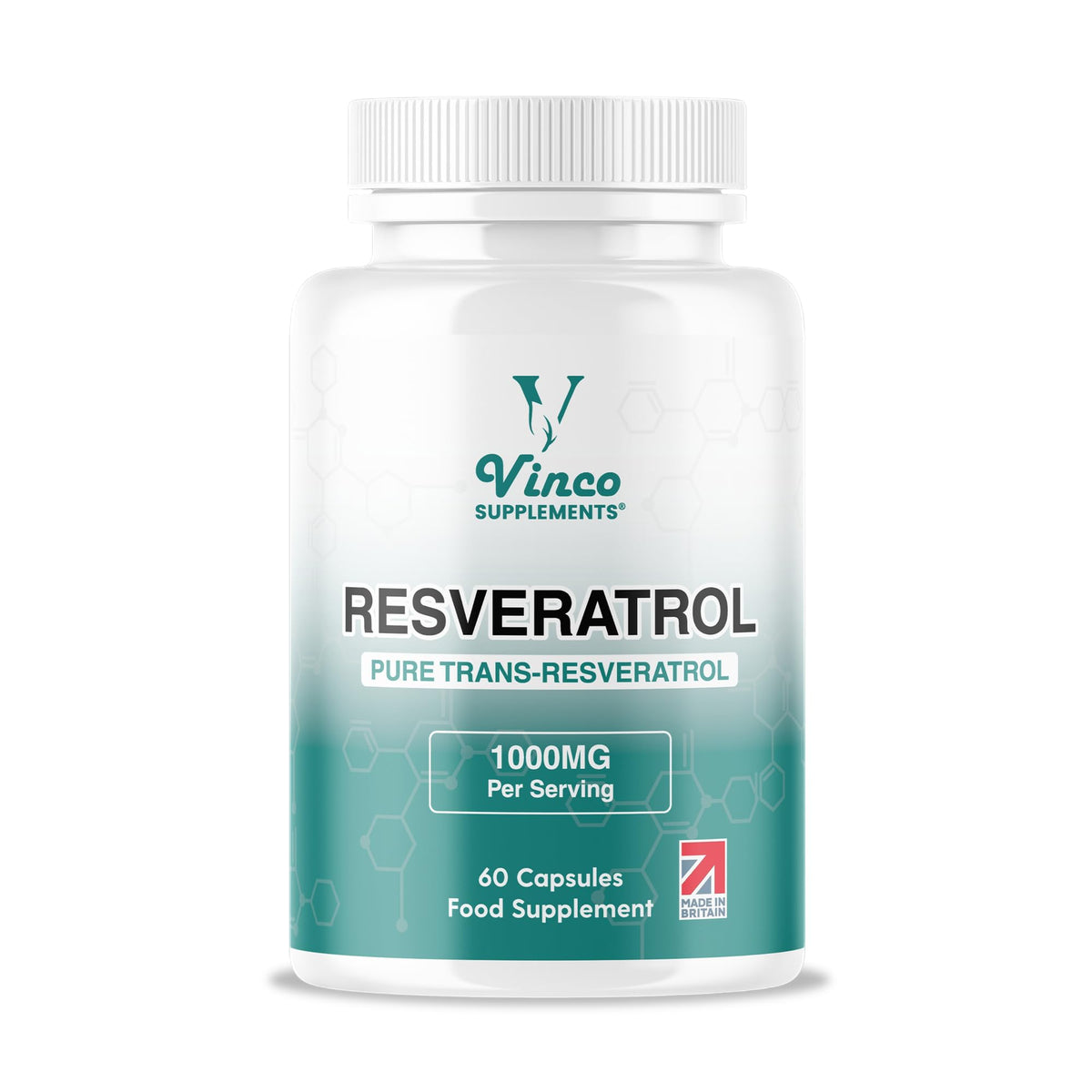 Vinco Supplements Vinco Resveratrol 1000mg, 60 Capsules - 100% Pure Trans-Resveratrol Supplement for Cellular Health and Cardiovascular Wellness - Non-GMO & Gluten Free - Made in The UK