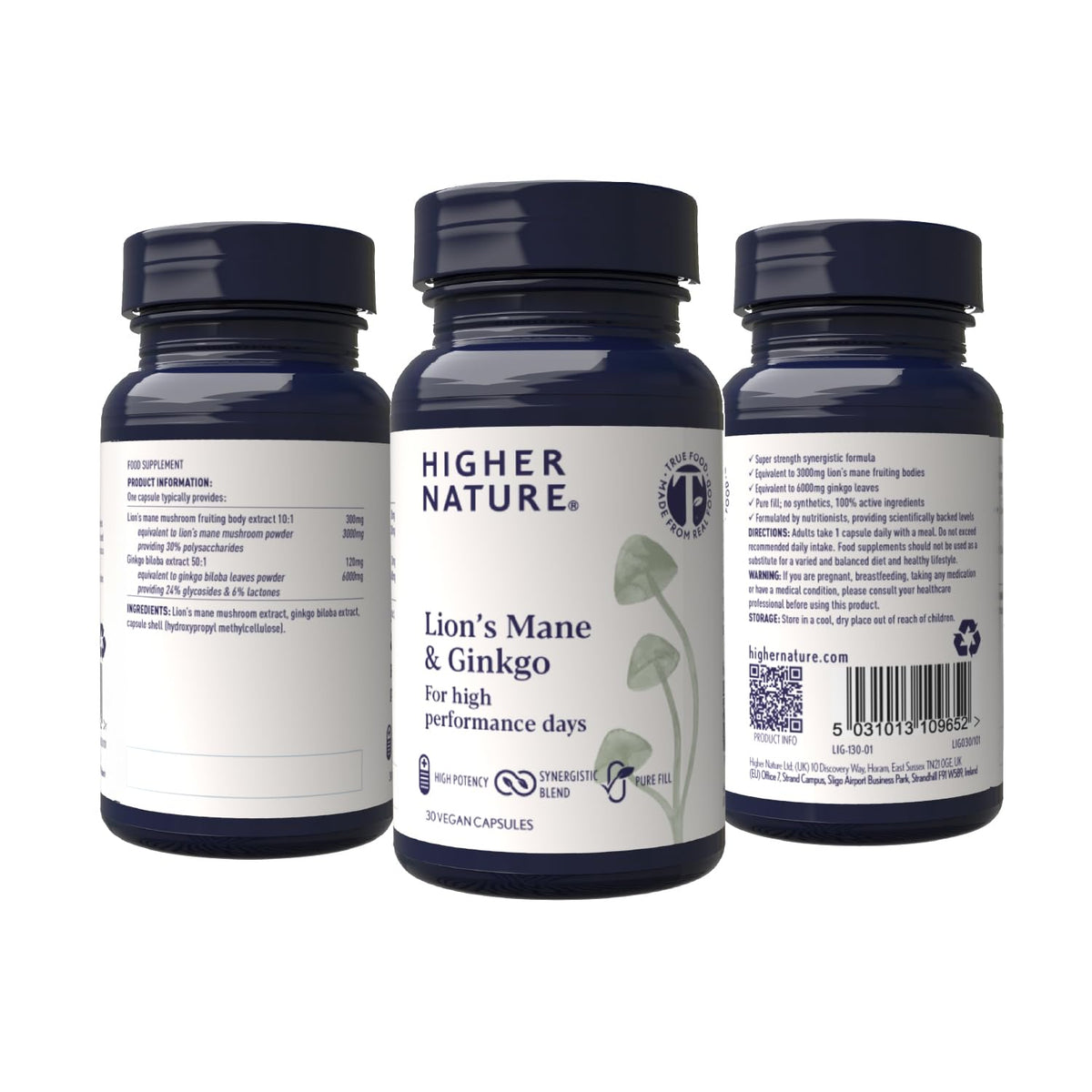 HIGHER NATURE Higher Nature - Lion's Mane & Ginkgo - for High Performance Days - High Strength Ginkgo Biloba 6000mg & Lion's Mane Mushroom 3000mg - Vegan Formula - 30 Capsules