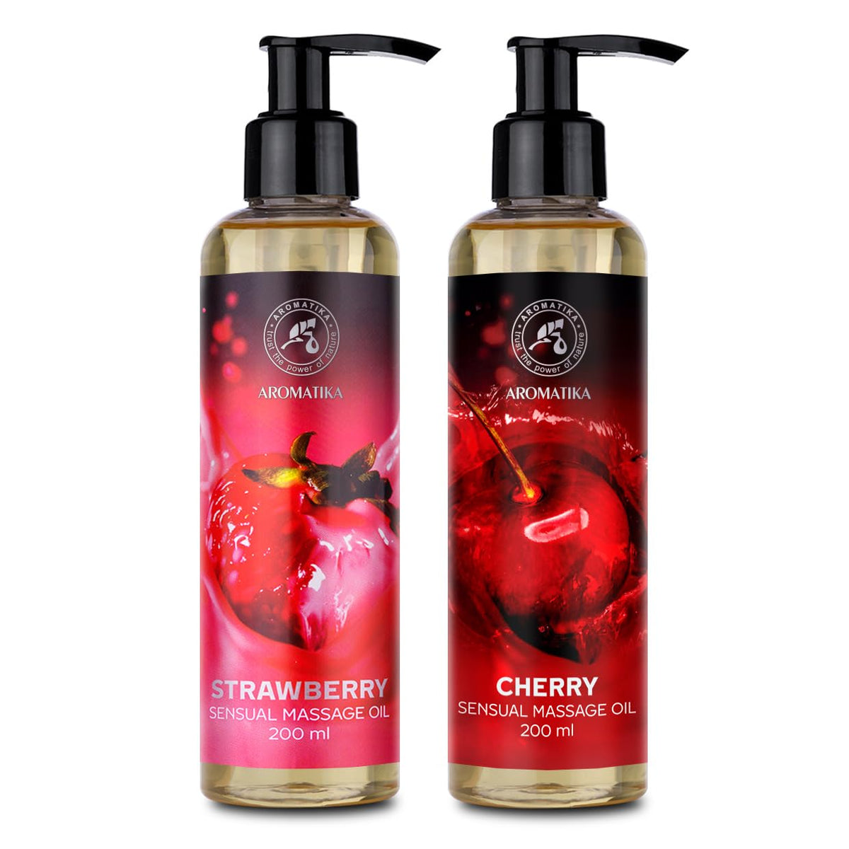 AROMATIKA trust the power of nature Sensual Massage Oil Set 2 x 200ml - Strawberry & Cherry - Blend of Almond and Grapeseed Oils - Edible & Kissable Massage Oil - Body Oil for Him & Her - for Couples - Romantic Gift - Relaxing Oil