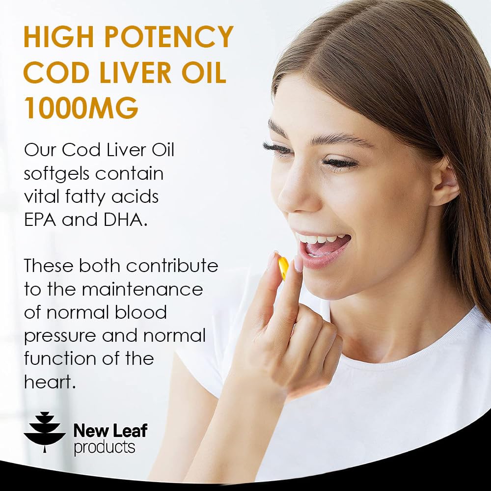 Cod Liver Oil Capsules 1000mg - 90 Cod Liver Capsules High Strength Softgels- Cod Liver Oil Rich in Omega 3 EPA DHA Fatty Acids + Vitamins A & D, High Strength Fish Oil - UK Made, by New Leaf