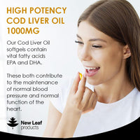 Cod Liver Oil Capsules 1000mg - 90 Cod Liver Capsules High Strength Softgels- Cod Liver Oil Rich in Omega 3 EPA DHA Fatty Acids + Vitamins A & D, High Strength Fish Oil - UK Made, by New Leaf