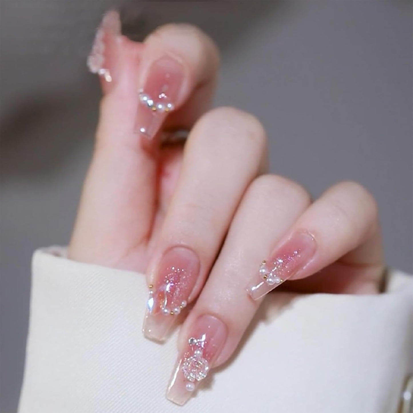 Lomeya 24pcs Long Press On French Tip False Nails - Ice-Soaked Blush Camellia Design - Elegant Coffin Shape - Luxurious French Ballet Style