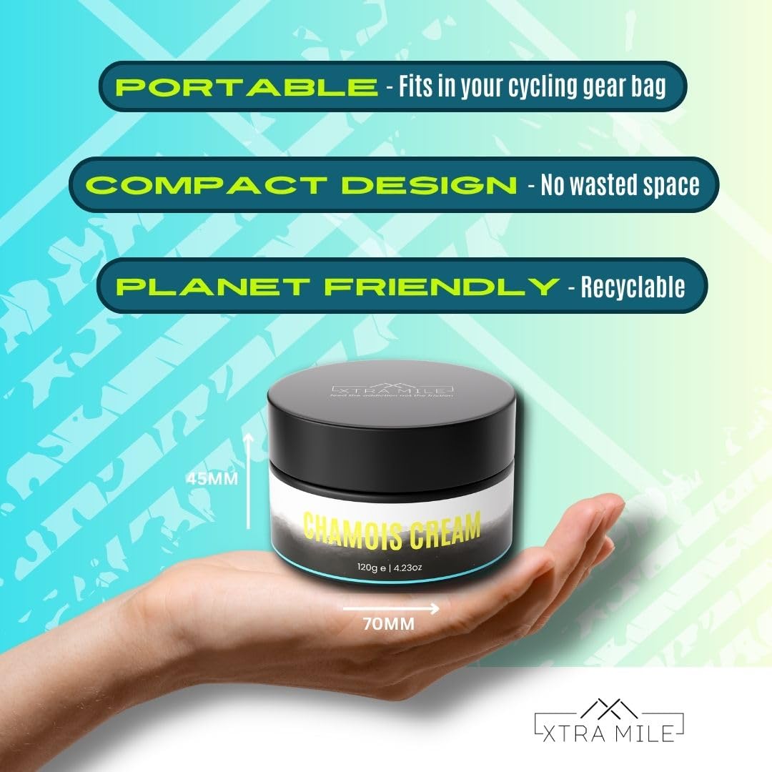 Xtra Mile Comfort Pro Chamois Cream - Premium Anti-Chafe & Antibacterial Solution for Ultimate Cycling Comfort for Men and Women. Natural ingredients. Vegan.