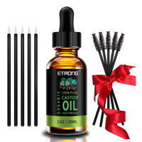 ETRONG Organic Castor Oil,Pure Cold Pressed Castor Oil for Eyebrows,Eyelashes,Hair Growth,Nails,and Skin with 5 Sets of Eyebrow&Eyeliner Brushes (30ml)