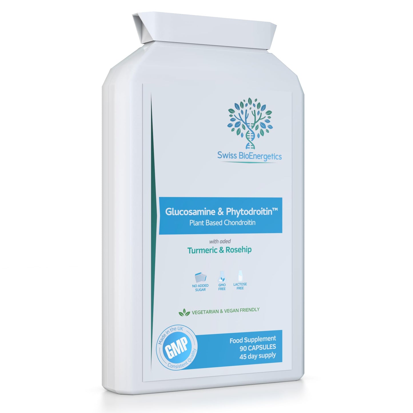 swiss bioenergetics Vegan Glucosamine Phytodroitin Complex 90 Capsules - with Plant Based Chondroitin, Turmeric, Rosehip and Vitamin C to Support Cartilage and Bones - UK Made