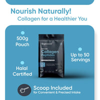 Hydrolysate Bovine Collagen Powder | 500g | Collagen Peptides Powder | Rich in 8 Essential Amino Acids | 50 Servings | Type-1 Collagen Supplements for Women & Men | Halal Certified | Scoop Included