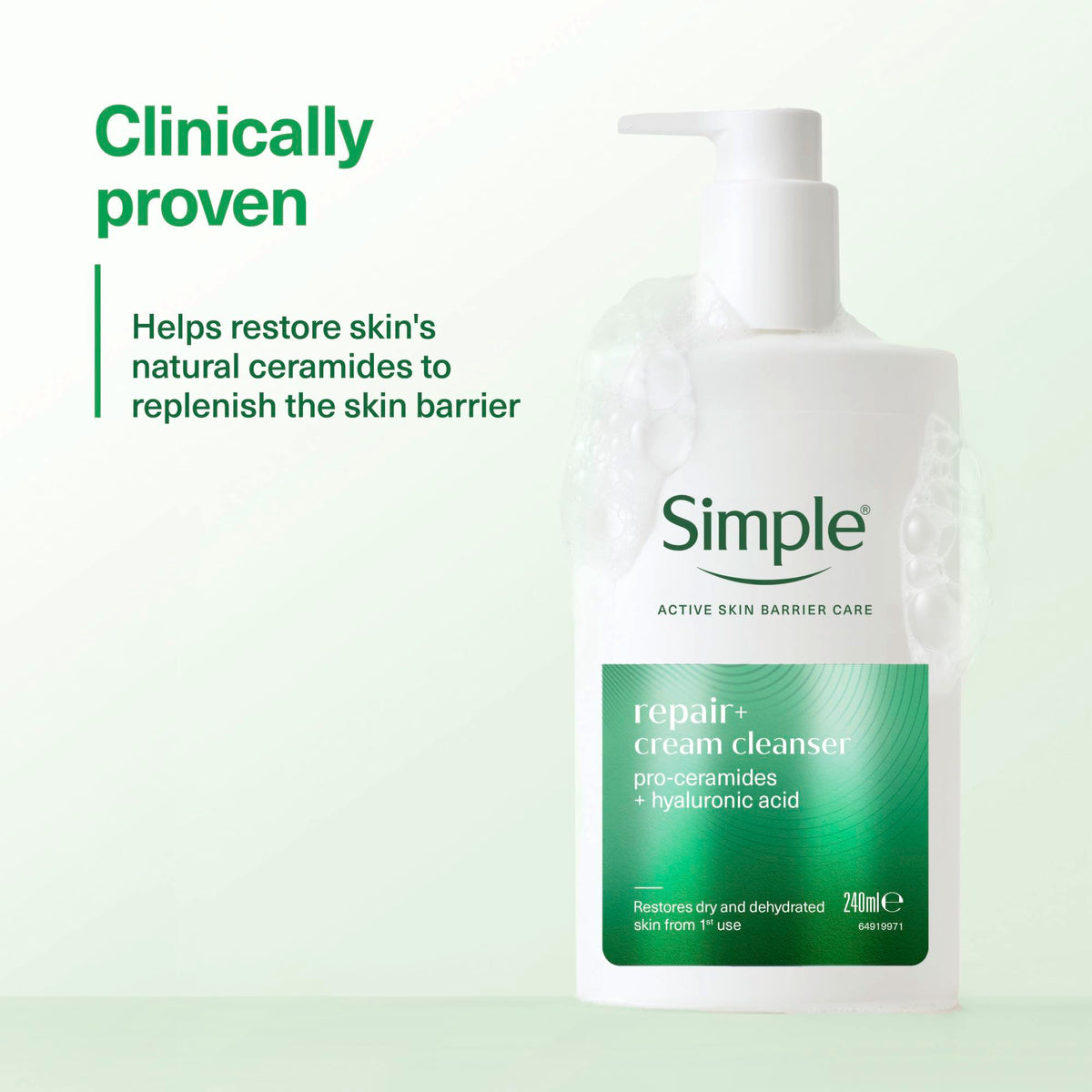 Simple Repair+ Facial Cream Cleanser pro-ceramides + hyaluronic acid restores dry and dehydrated skin from the first use 240 ml
