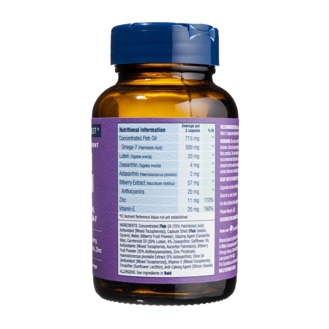 Wiley's Finest Wild Alaskan Fish Oil Bold Vision - Fish Oil Eye Health Supplement with Lutein, Zeaxanthin, Bilberry, Omega-7, Vitamin E, and Zinc - 60 Softgels (30 Servings)