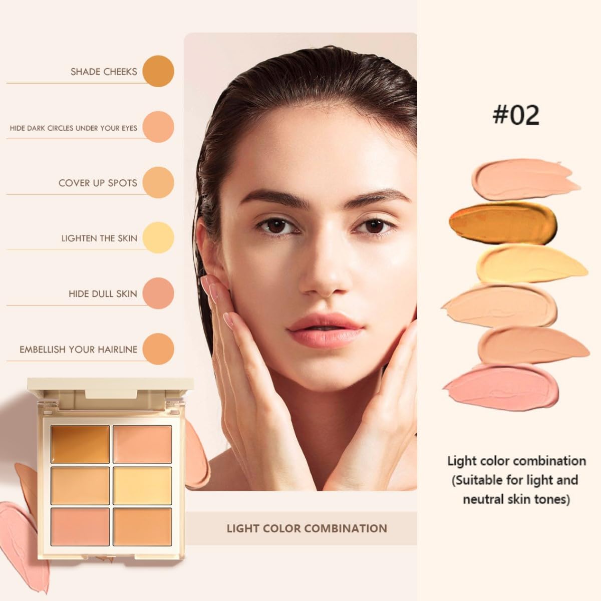 KARLOR 6-in-1 Concealer Palette, Conceal Foundation Cream Concealer Make Up Concealer Anti Age Dark Circles and Blemish Concealer Contour Palette For neutral skin tones(02#)