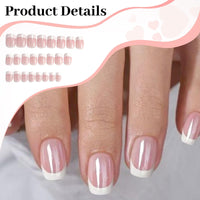 LunarCharm 24 Pieces White French Tip Press-on Nails, Short Square Artificial Nails, Pink Glue-on Nails, Full Coverage, Acrylic Artificial Nails, Reusable