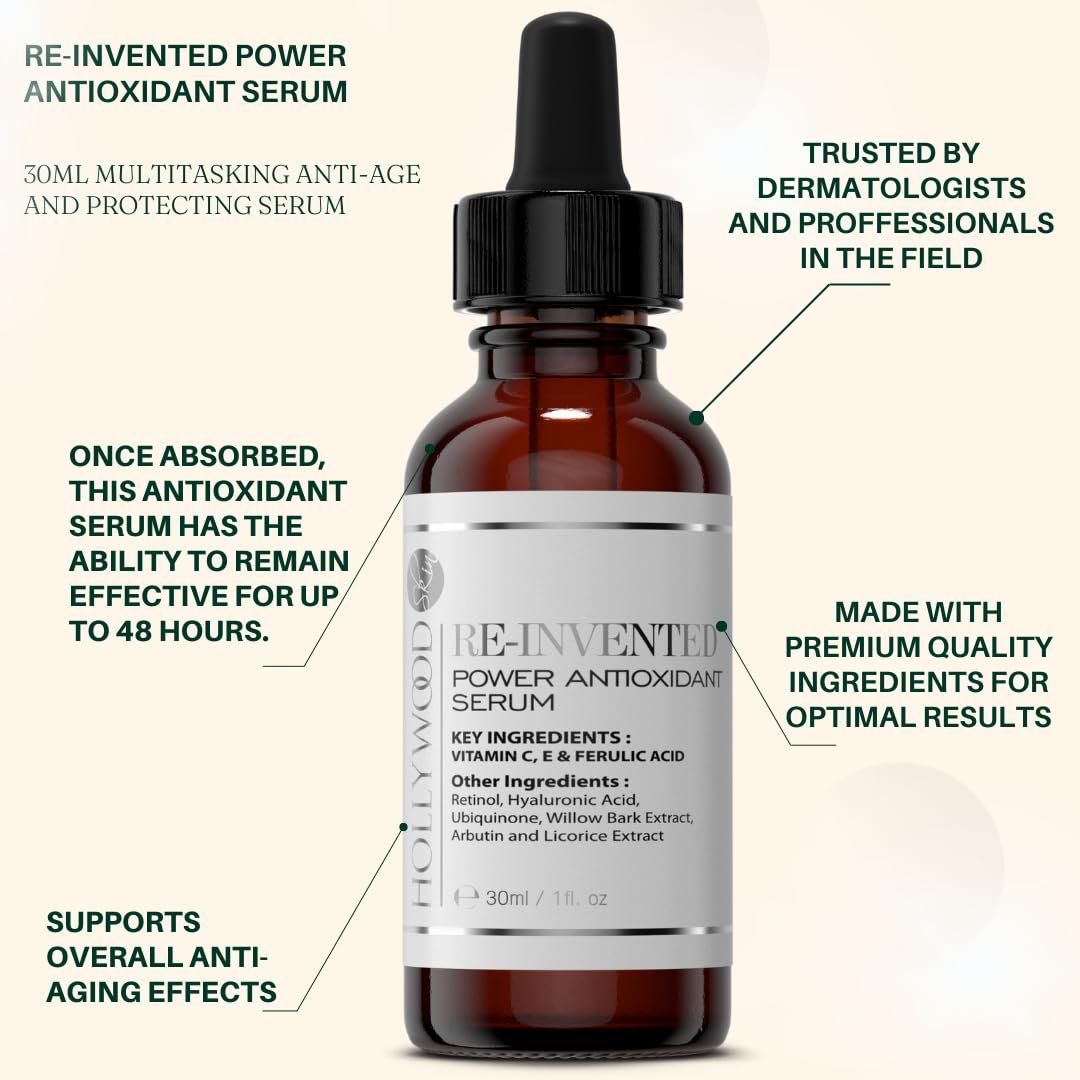 hollywoodskin 2023 Award-Winning Ferulic Acid Serum - with 20% Vitamin C + E, Retinol & Double Weight Hyaluronic Acid. Brightening, Anti-Age, Photo Damage. 30ml